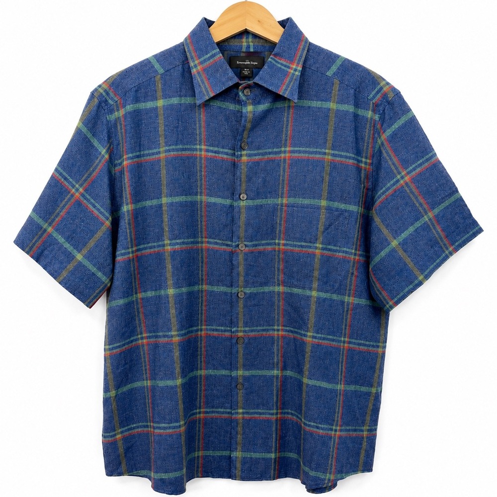 Ermenegildo Zegna Mens XXL Blue Plaid Linen Cotton Short Sleeve Shirt Italy